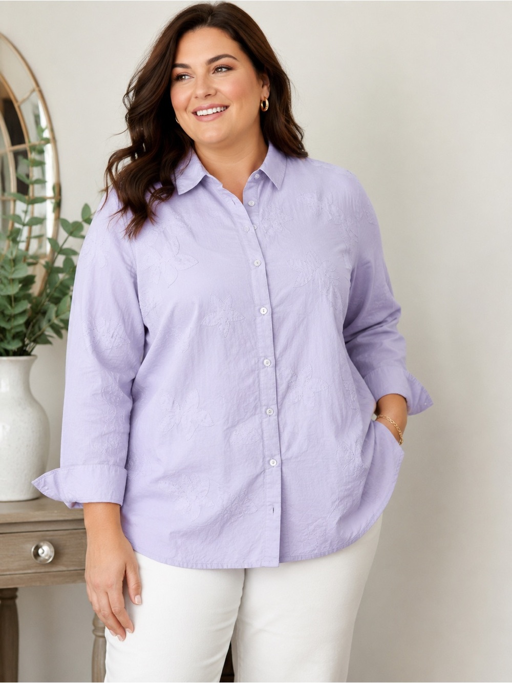 Avenue Lavender Floral Embroidered Button-Up Shirt | Plus Size 18/20